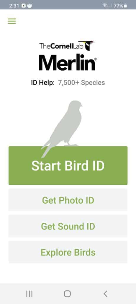 a screenshot of the Merlin Bird ID app home page