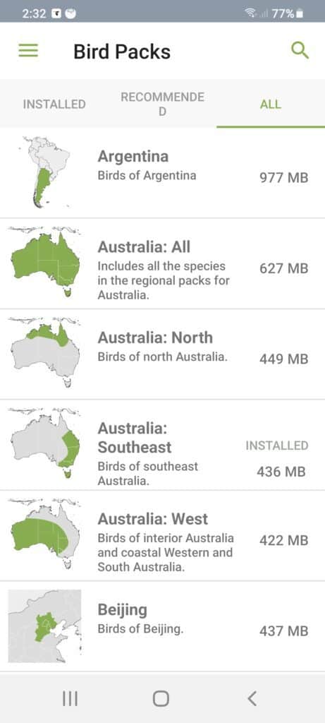 a screenshot of the Merlin Bird ID app showing the bird packs page