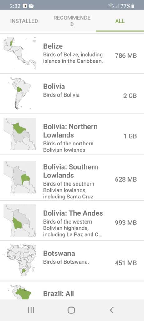 a screenshot of the Merlin Bird ID bird packs page