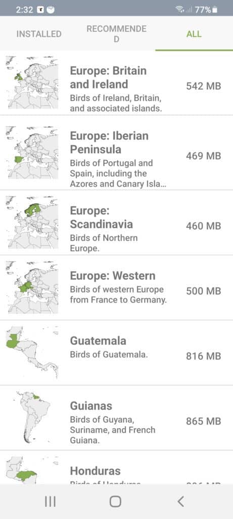 a screenshot of the Merlin Bird ID bird packs page showing the Europe packs