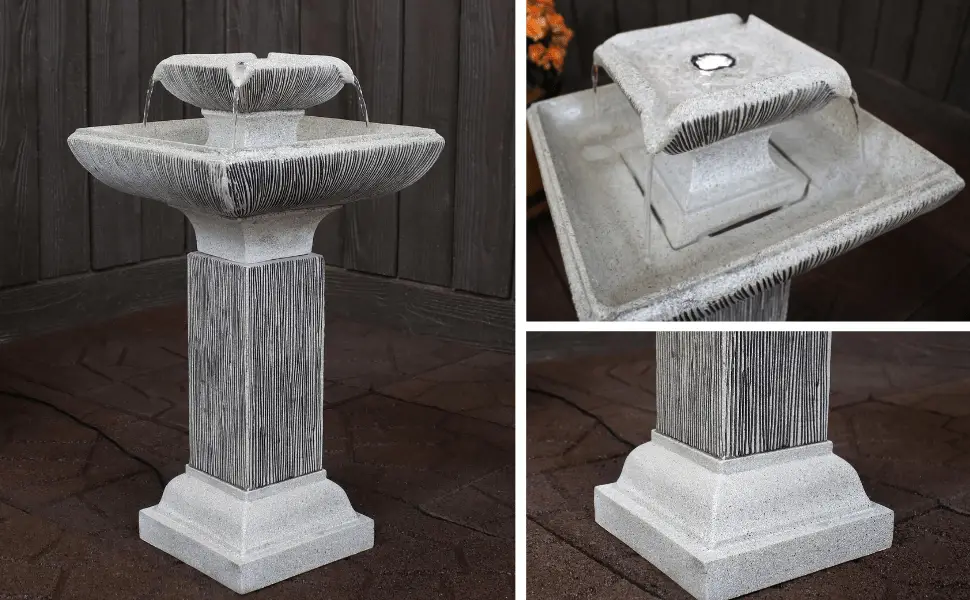 three different views of a Sunnydaze 2-Tier Outdoor Birdbath With Water Fountain