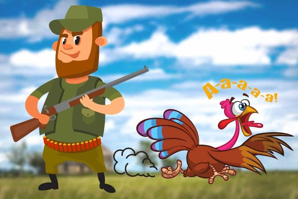 a cartoon of a hunter holding a gun and a rooster running away from him screaming