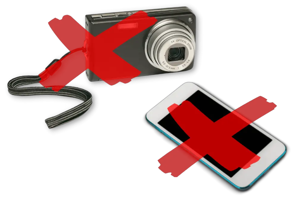 a point-and-shoot camera and a mobile phone with red crosses over them