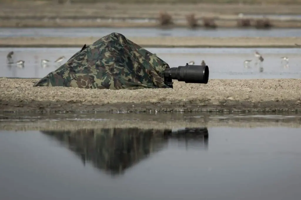 a bird photographer under a camouflage net by a lake