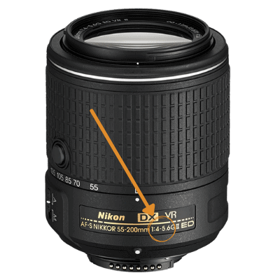 an AF-S Nikkor 55-200mm lens with the aperture range numbers circled