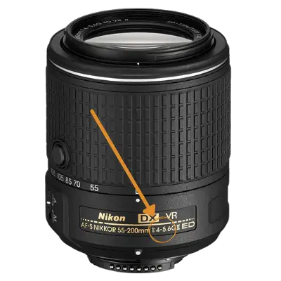 an AF-S Nikkor 55-200mm lens with the aperture range numbers circled