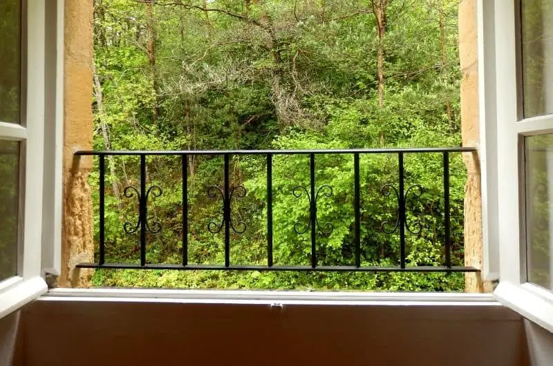 bird watching from home - a view of a green forest through a window with an iron railing