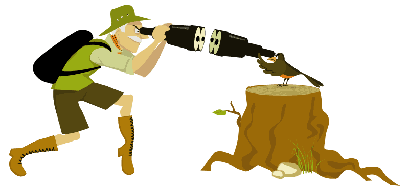 a cartoon of a birdwatcher and a bird looking at each other with binoculars
