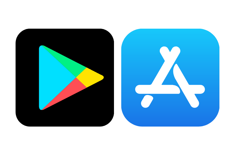 the Google Playstore and Apple Appstore logos