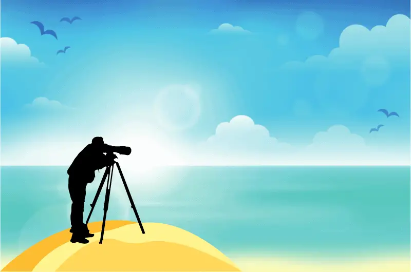 a graphic of a bird photographer standing on a sand dune looking out to sea