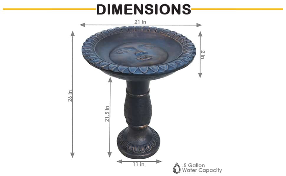 a graphic showing the dimensions of a Sunnydaze Façade du Soleil Birdbath