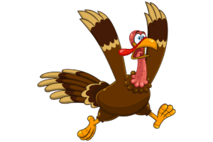 a scared cartoon turkey running with its wings in the air