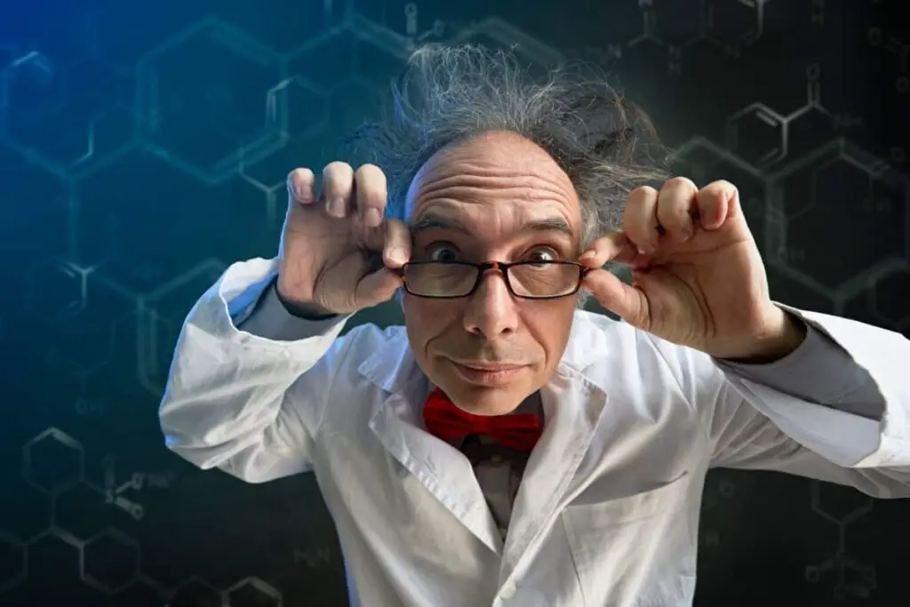  a scientist wearing a white coat and glasses