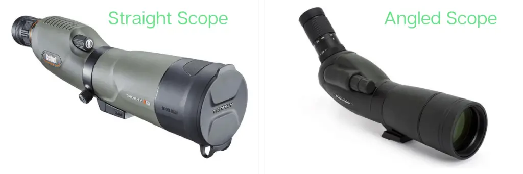 on the left is a straight spotting scope and on the right, an angled spotting scope