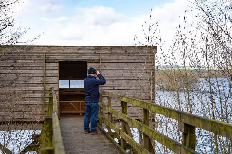 a man using binoculars outside a bird hide by a lake