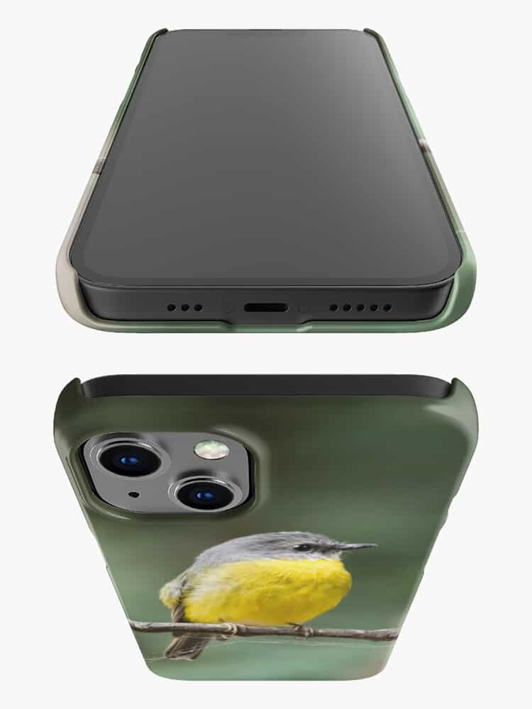 two different views of an iphone 13 snap case with an Eastern Yellow Robin bird on it