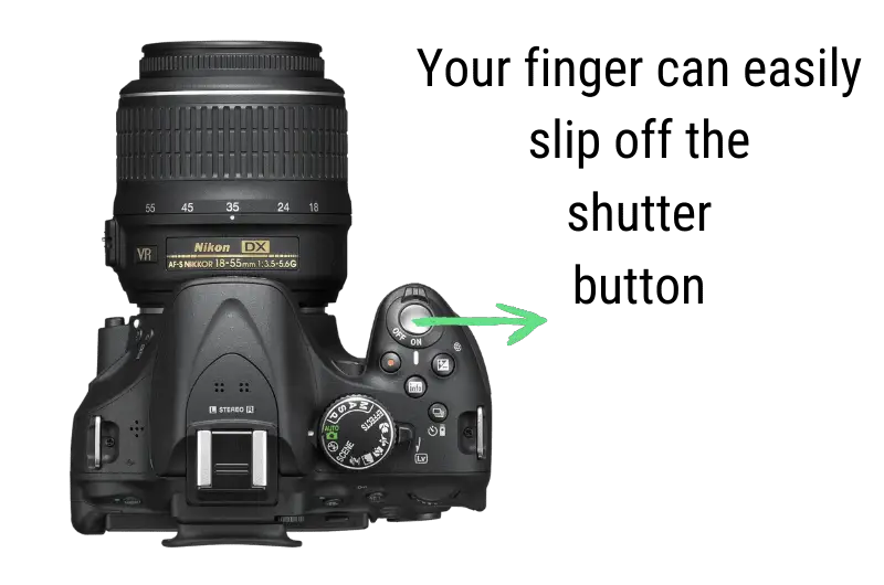 a top view of a Nikon D5200 DSLR camera with a green arrow pointing from the shutter button to text that reads 'your finger can easily slip off the shutter button'