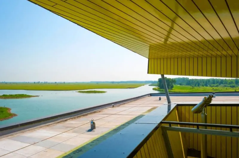 a modern bird hide overlooking wetlands