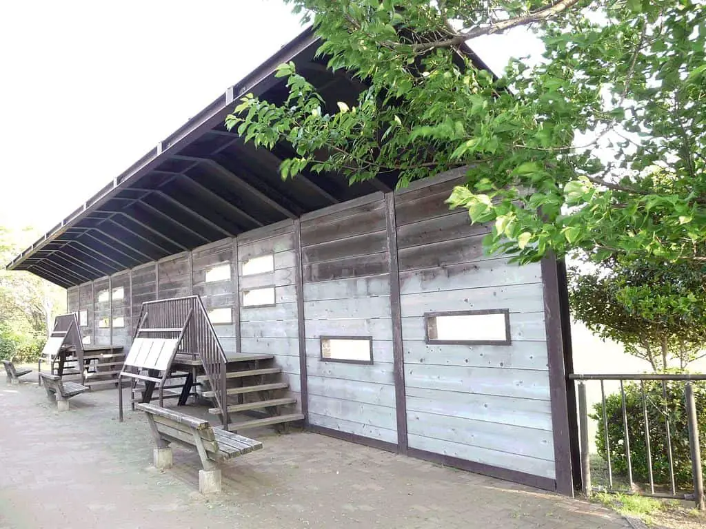 a bird blind wall with windows and raised viewing platforms