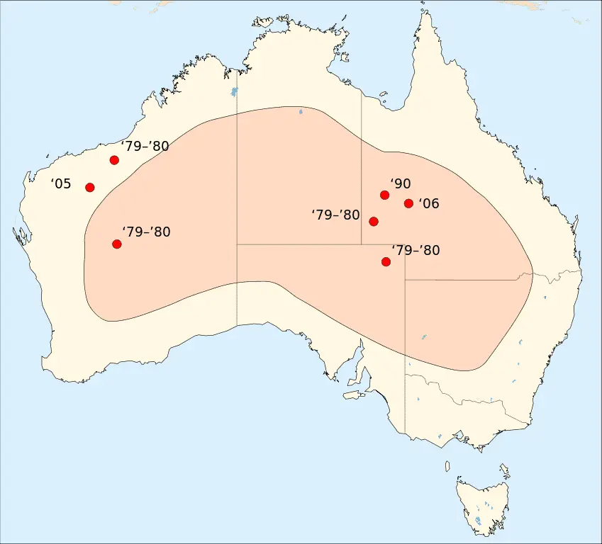 a map of Australia showing where Night Parrots have been sighted between 1979 and 2006