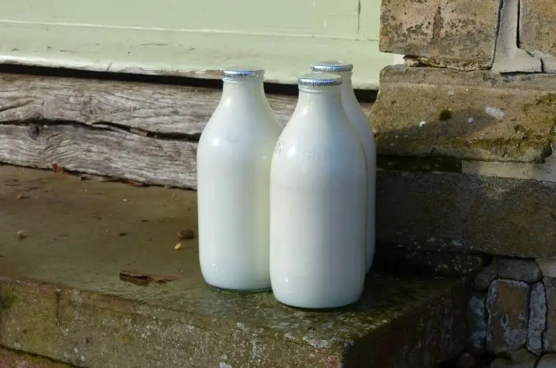 three glass milk bottles sitting on a doorstep