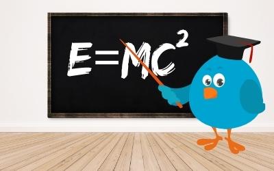 a graphic of a blue bird wearing a mortarboard hat pointing to a blackboard with E=MC squared written on it
