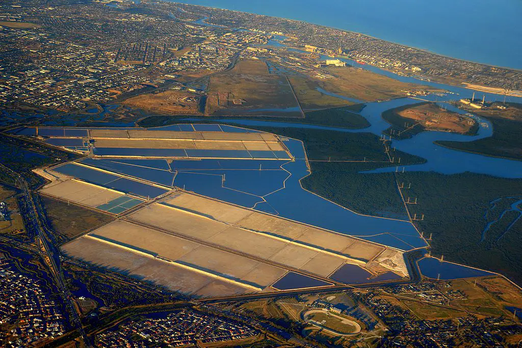 an areal view of the Dry Creek salt crystallization pans in the Adelaide International Bird Sanctuary