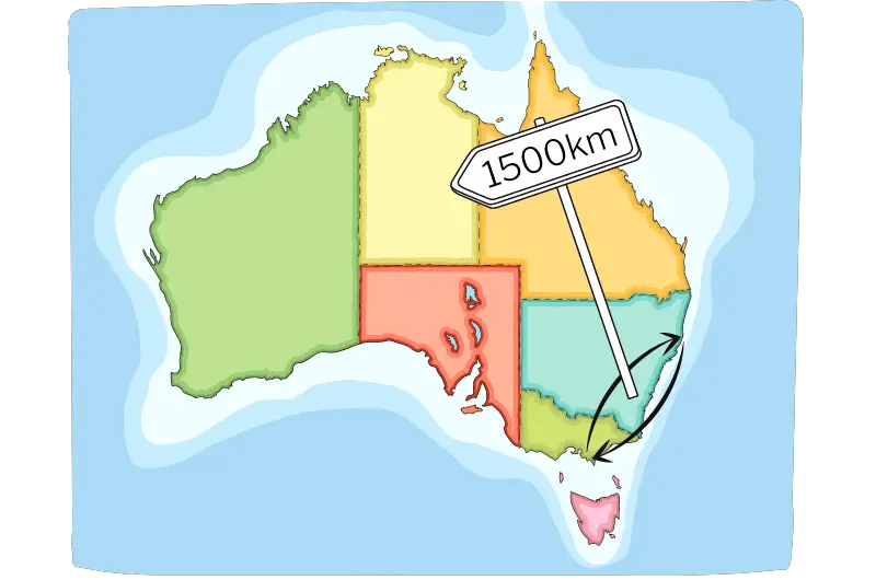 a diagram of a map of Australia with arrows pointing from nsw to victoria and a sign reading 1500 km