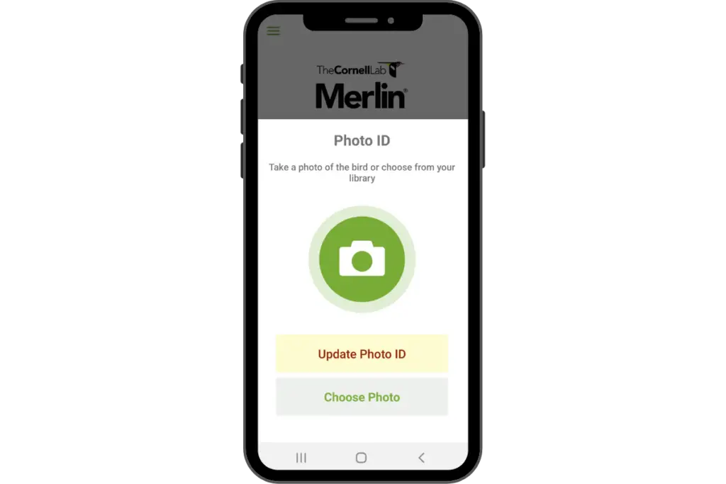 a smart phone with the Photo ID page of the Merlin Bird ID app showing