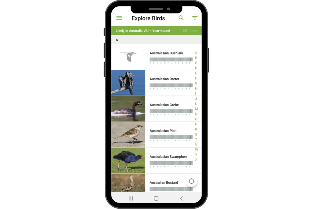 a smart phone with the Explore Birds page of Merlin Bird ID app showing