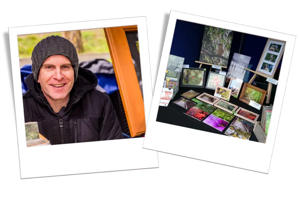 two polaroid images, one of Barry Callister and the other of Barry Callister Photography products in a market stall