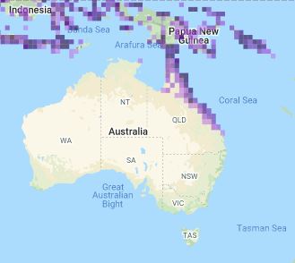 a map of Australia showing the distribution of the Olive-backed Sunbird
