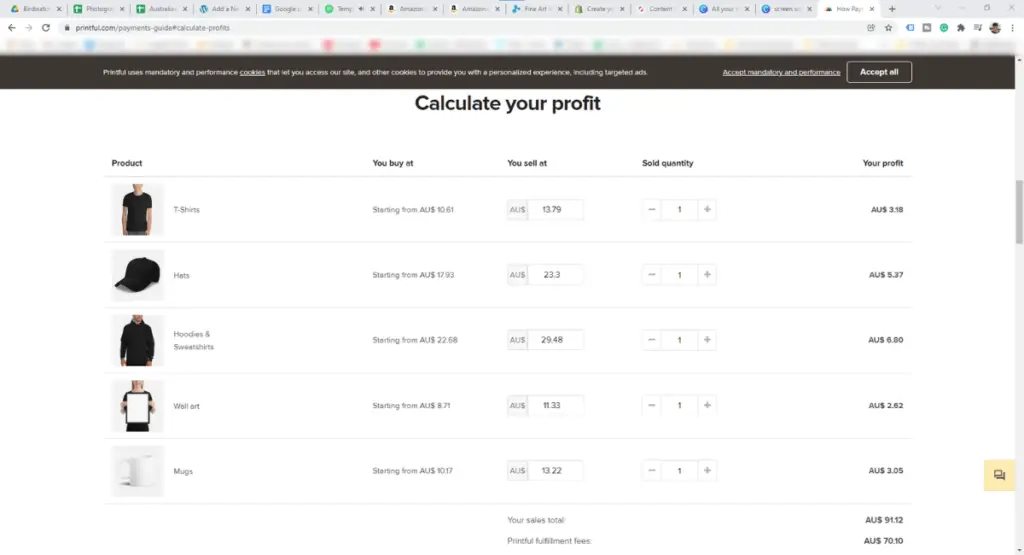 a screen shot of the Printful calculate your profit page
