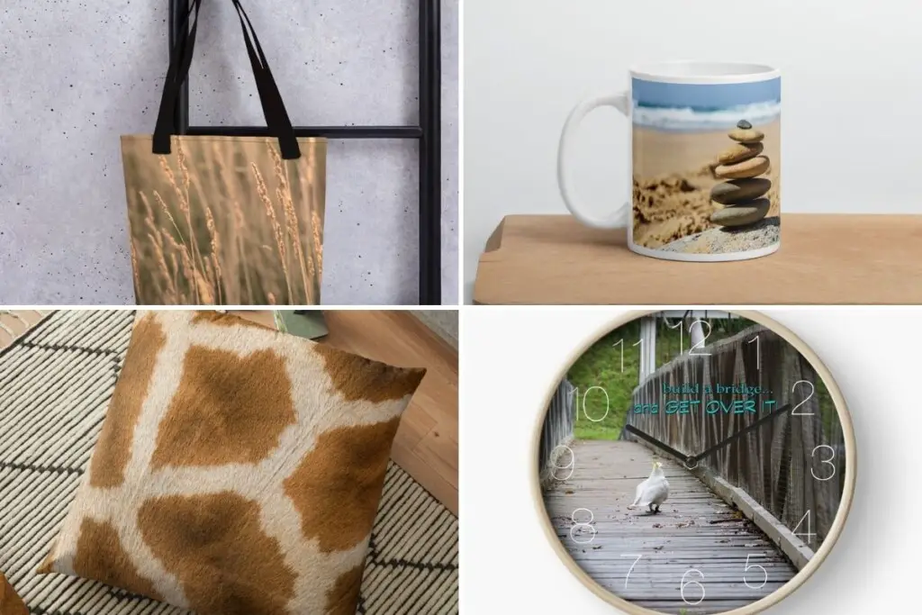 top left - a tote bag with an image of dry grass
Top right - a mug with an image of zen rocks on it
bottom left - a giraffe print cushion
bottom right - a clock with an image of a cockatoo