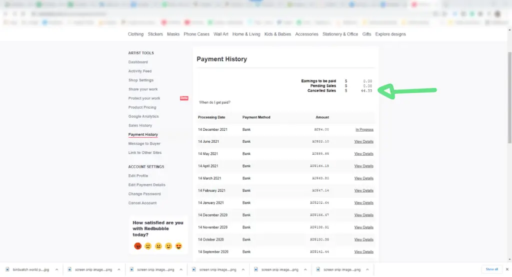 a screen shot of Rebubble artist Barry Callister Photography's payment history
