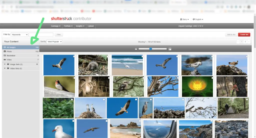 a screen shot of the Shutterstock Contributor account page