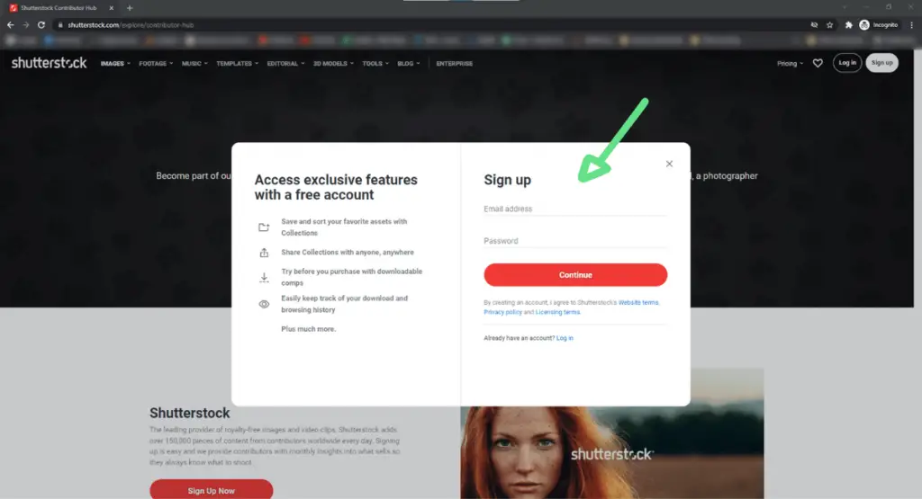 a screen shot of the Shutterstock sign up screen with a green arrow pointing to the email and password boxes
