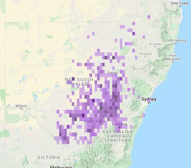 a map of New South Wales showing where Superb Parrots can be found