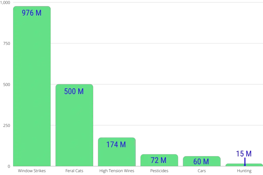 a bar chart showing the numbers of birds that have been killed by various things