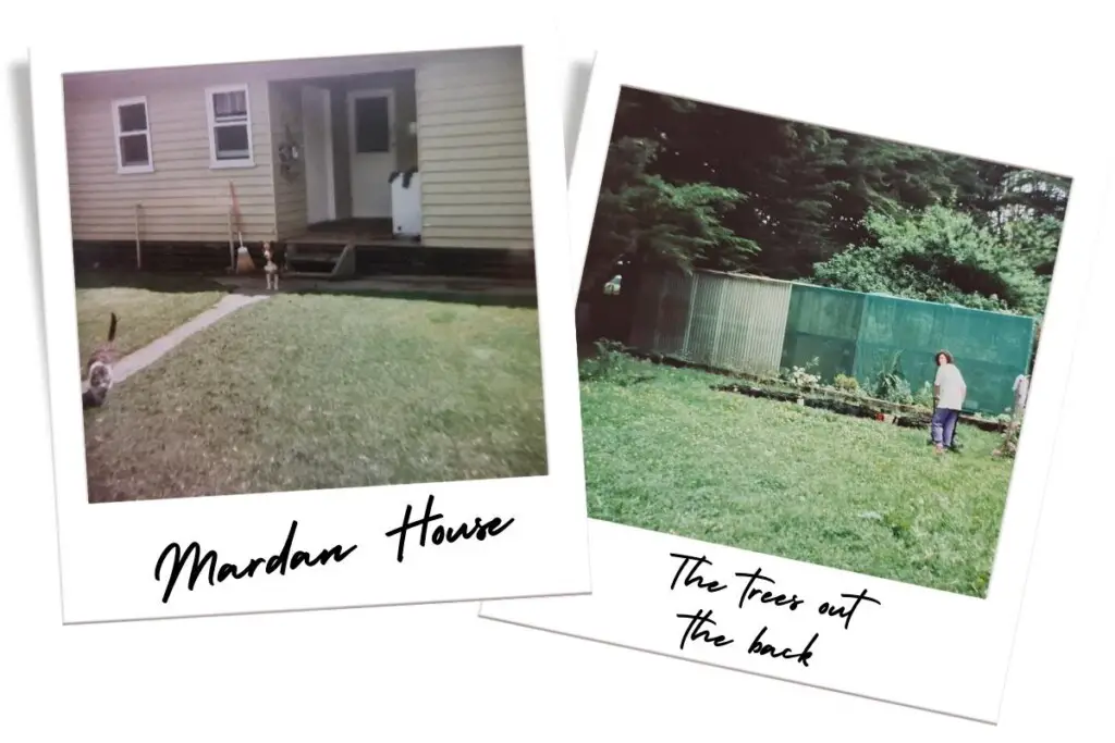 left - a poloaroid of a farm house with a dog and cat
right - a woman mowing grass in front of a greenhouse