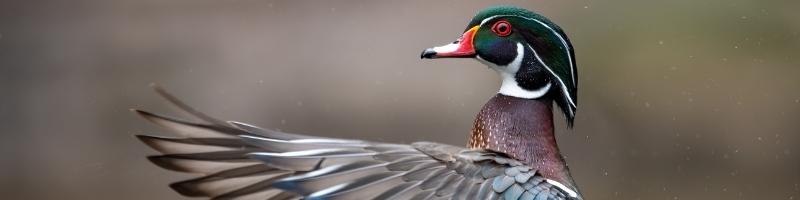 a male wood duck with its wings spread