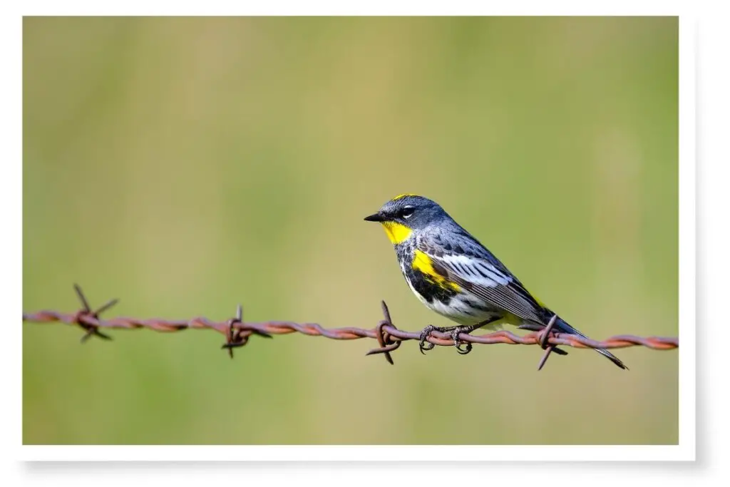 a yellow-rumped warbler perched on barbed wire