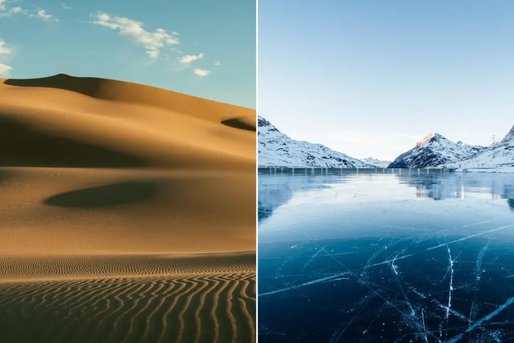 on the left is an image of a sandy desert and on the right is a frozen lake with snow-covered mountains in the distance