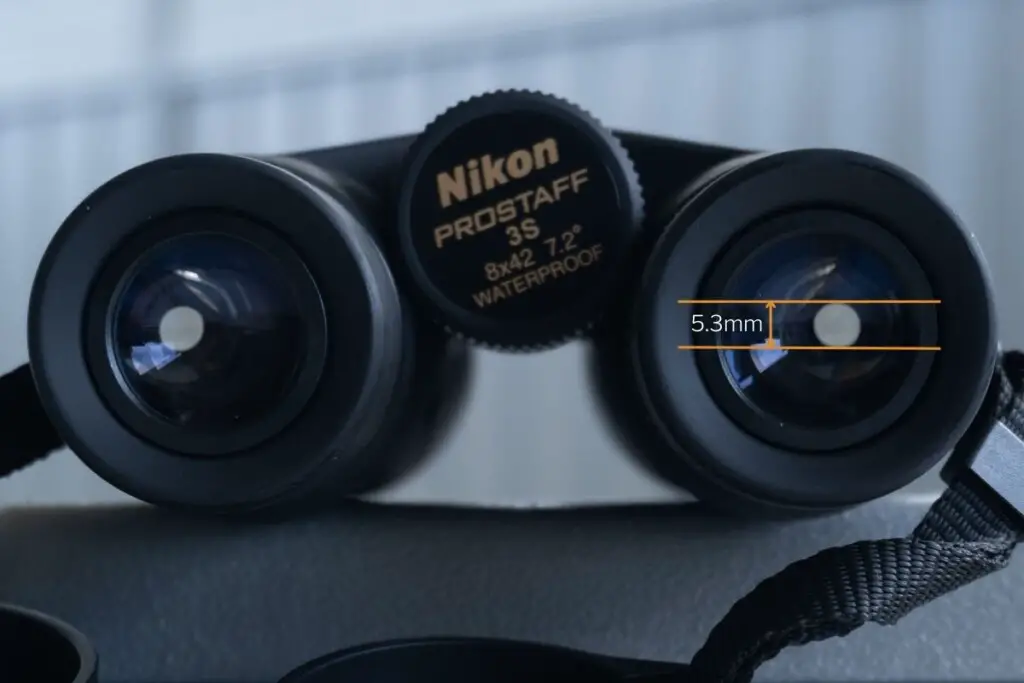 a pair of nikon prostaff 3s 8x42 binoculars photographed from behind showing the exit pupil measurment