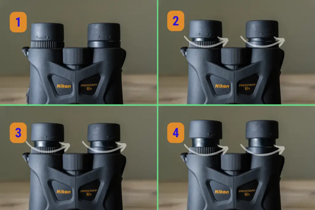 4 separate images of nikon prostaff 3s 8x42 binoculars showing the different positions of the adjustable eyecups