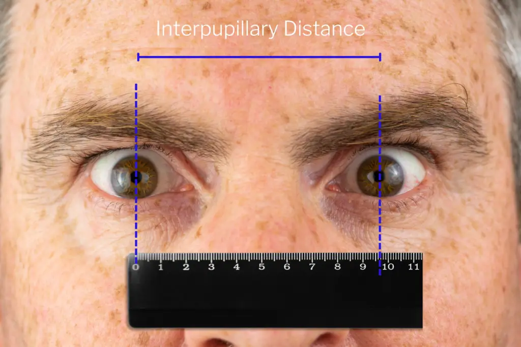 a close up of a man's eyes with a ruler beneath them and blue lines measuring the distance between his pupils