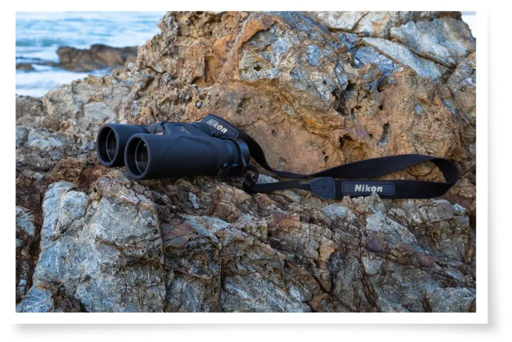 A pair of Nikon Prostaff 3S binoculars resting on rocks at the beach
