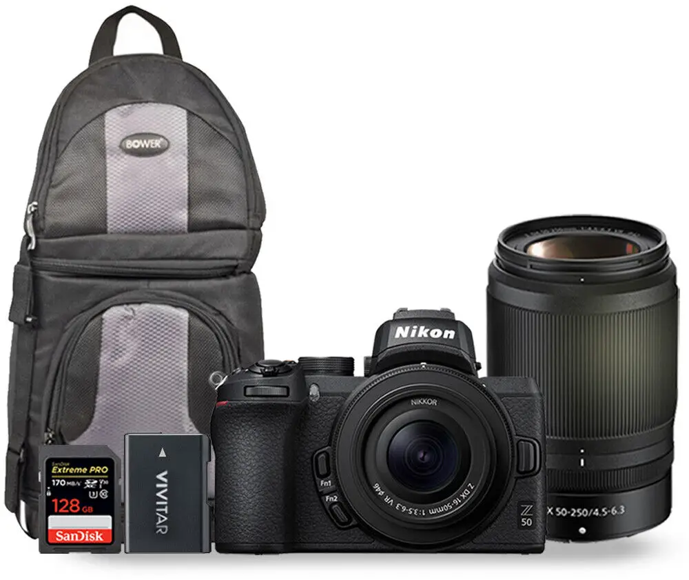 a Nikon Z50 mirrorless camera with a camera bag, lens, sd card, and battery