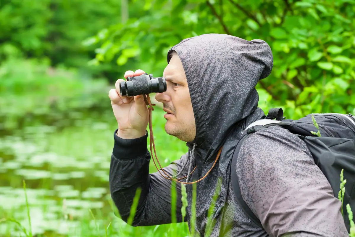 a male bird watcher wearing a hoodie and a backpack using binoculars