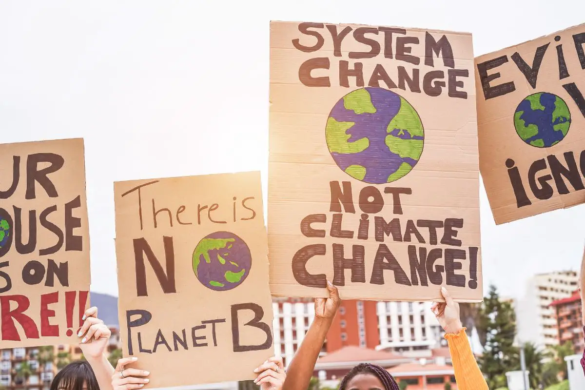 climate change protesters holding signs at a rally